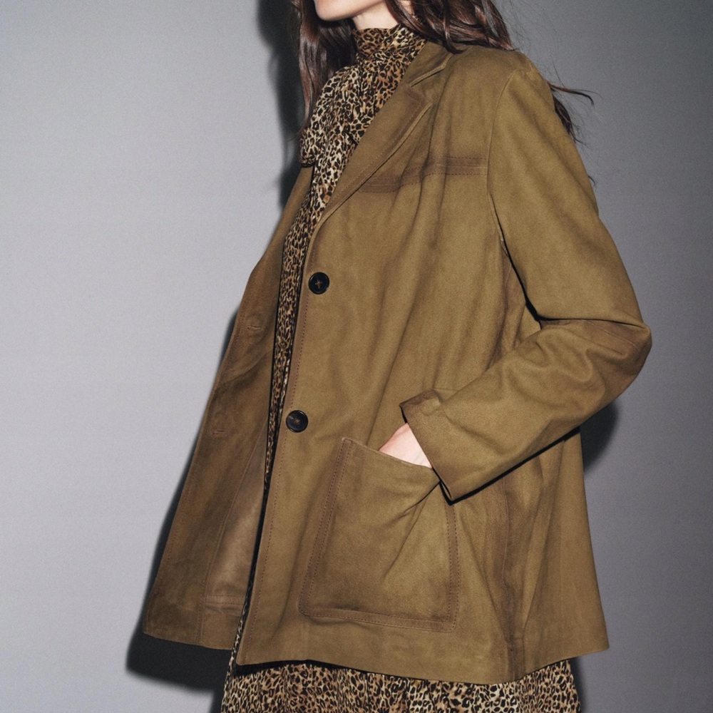 ZARA OVERSIZED BROWN TAN NATURAL LEATHER SUEDE BLAZER JACKET